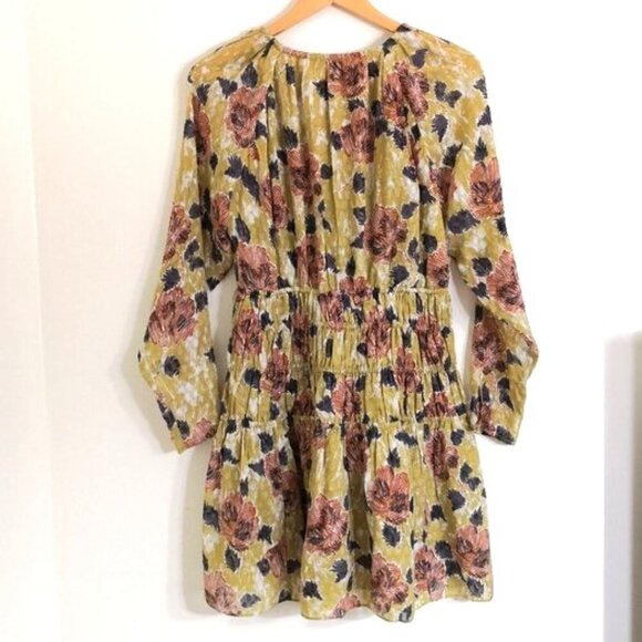 Like New Joie Silk Aminah Smocked Floral-Print Mini Dress In Ecru Olive Size M - Picture 5 of 6